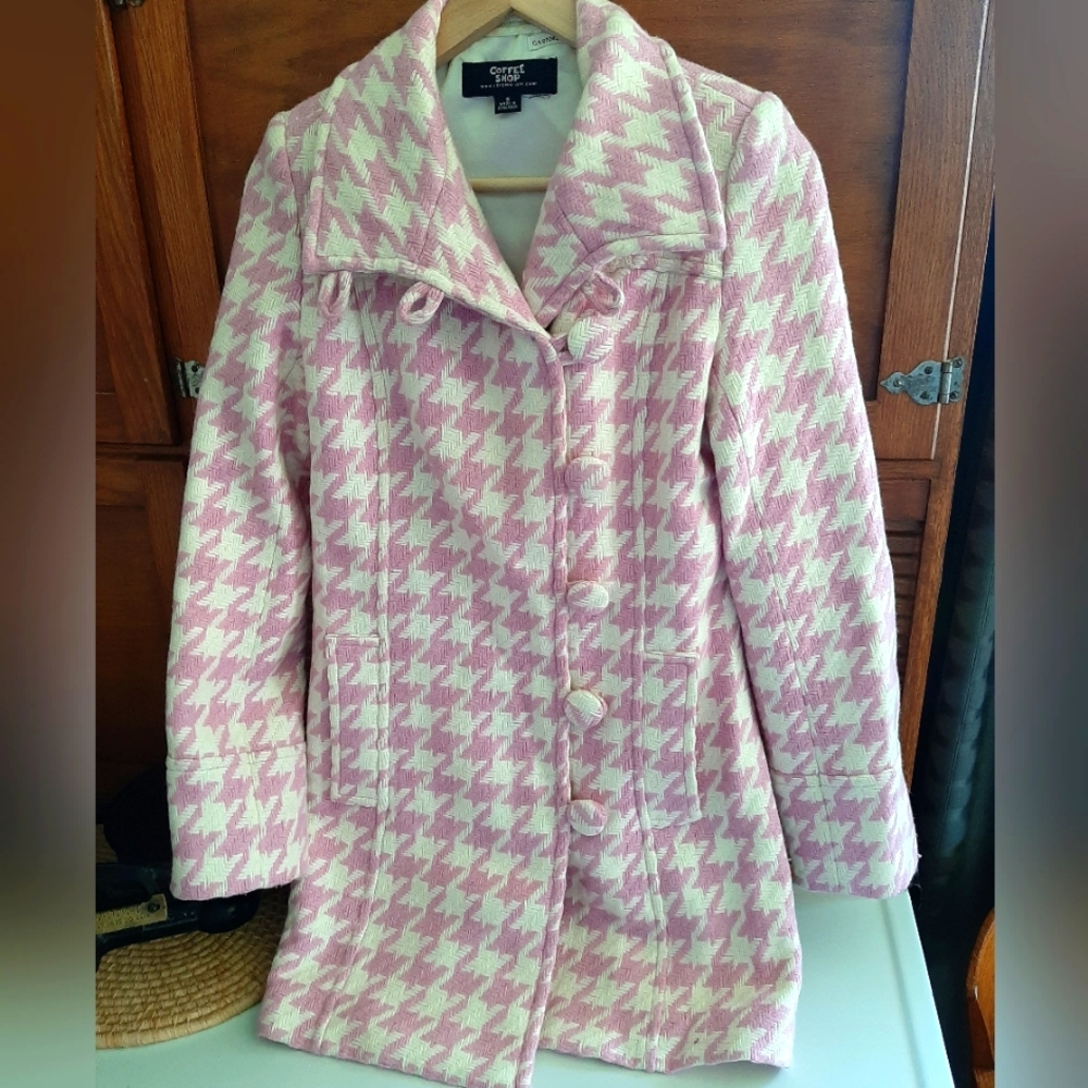 Pink and white houndstooth lined pea coat